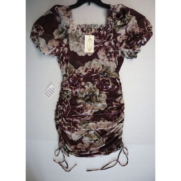 Mia Joy x Joyfolie Women's Sz Small Plum Purple Floral Alyssa Ruched Dress - Picture 1 of 13